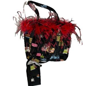 Purse Print Purse With Red Feather Trim Unique